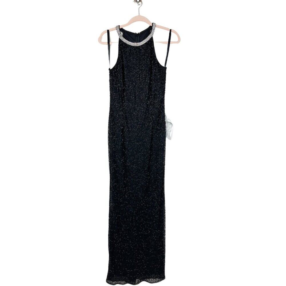 FLAWED - NWT Mac Duggal Beaded Sleeveless High Neck Column Gown Black 4 #8517 - Picture 4 of 13